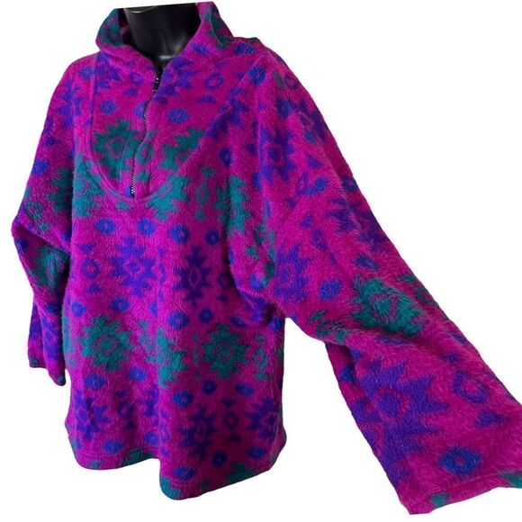 Vintage 90s Tribal Fuchsia Fleece Hoodie Pullover Sweater - Picture 5 of 12